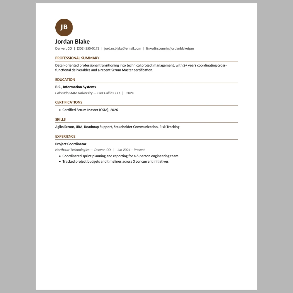 New Graduate Technical Project Manager Resume Template | ATS-Friendly Word & PDF Resume