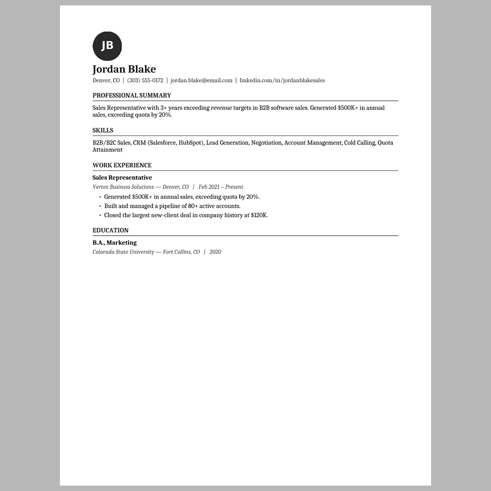 Experienced Sales Representative Resume Template | ATS-Friendly Word & PDF Resume
