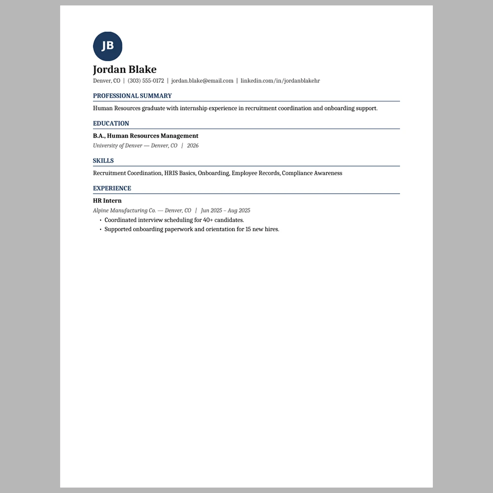 New Graduate Human Resources Specialist Resume Template | ATS-Friendly Word & PDF Resume