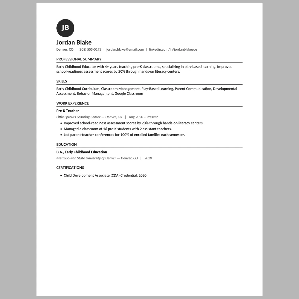 Experienced Preschool Teacher Resume Template | ATS-Friendly Word & PDF Resume