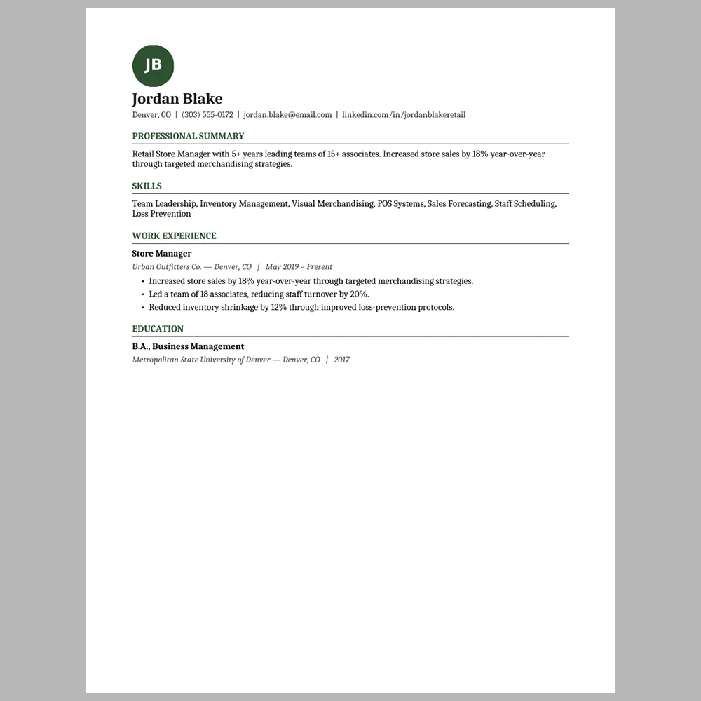Experienced Retail Manager Resume Template | ATS-Friendly Word & PDF Resume