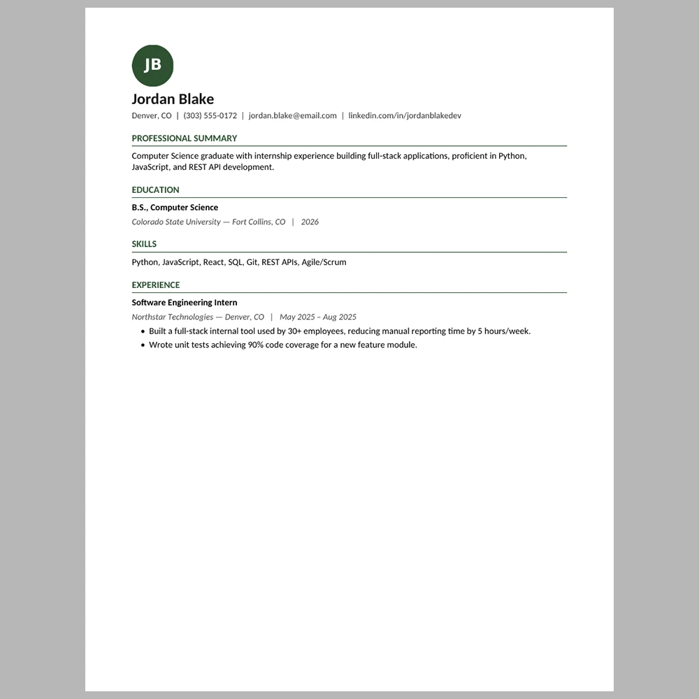 New Graduate Software Engineer Resume Template | ATS-Friendly Word & PDF Resume