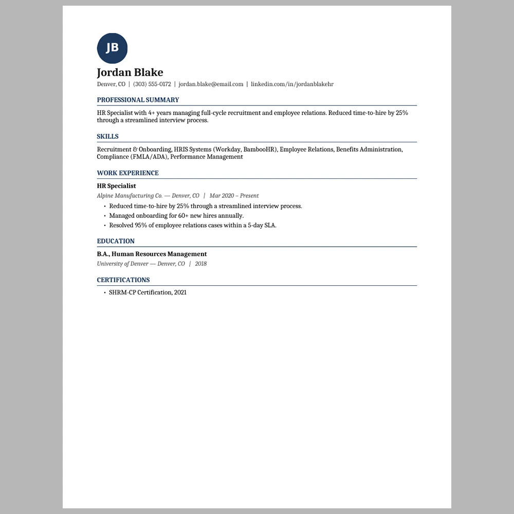 Experienced Human Resources Specialist Resume Template | ATS-Friendly Word & PDF Resume