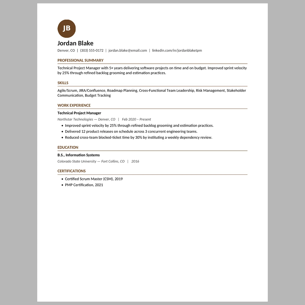 Experienced Technical Project Manager Resume Template | ATS-Friendly Word & PDF Resume