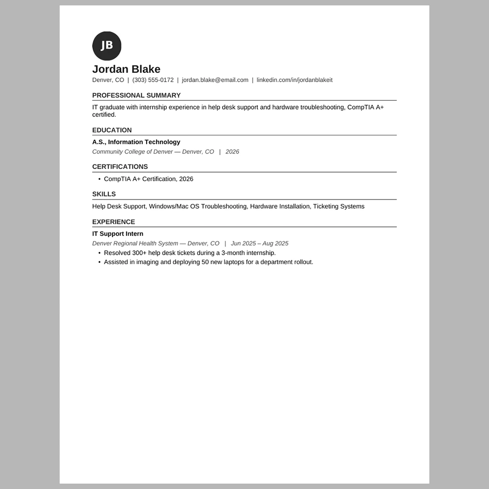 New Graduate IT Support Specialist Resume Template | ATS-Friendly Word & PDF Resume