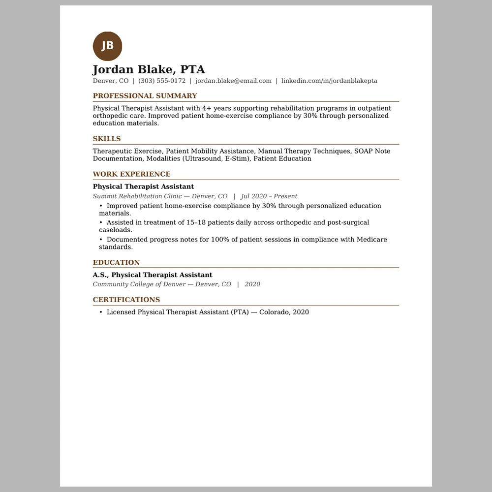 Experienced Physical Therapist Assistant Resume Template | ATS-Friendly Word & PDF Resume