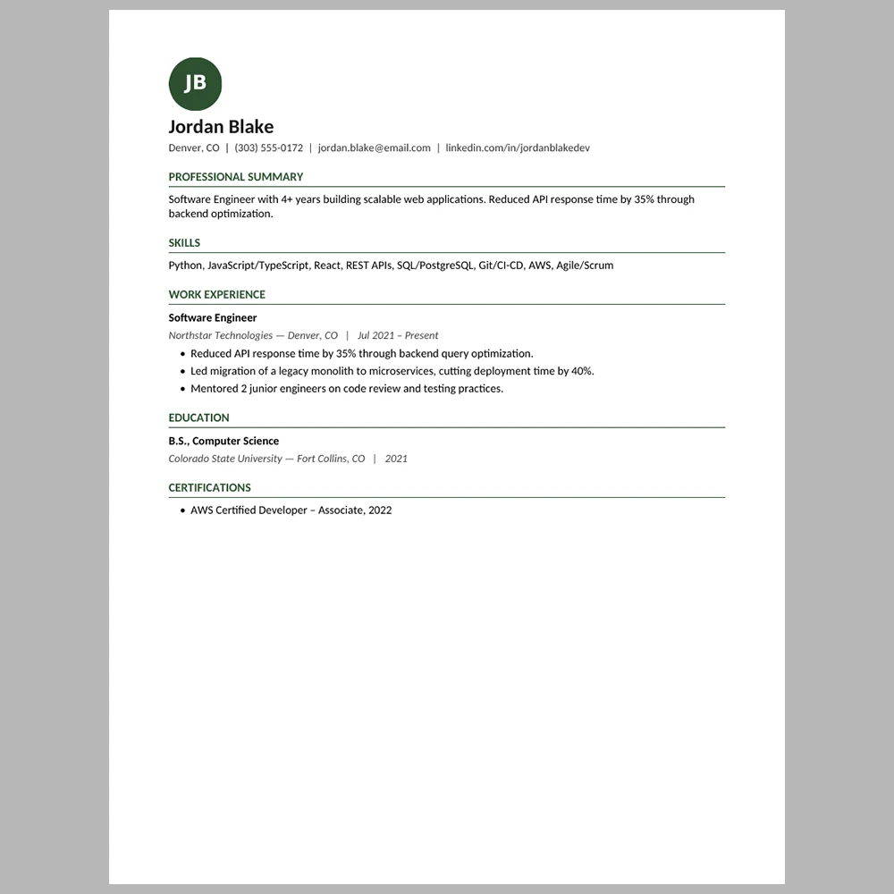 Experienced Software Engineer Resume Template | ATS-Friendly Word & PDF Resume