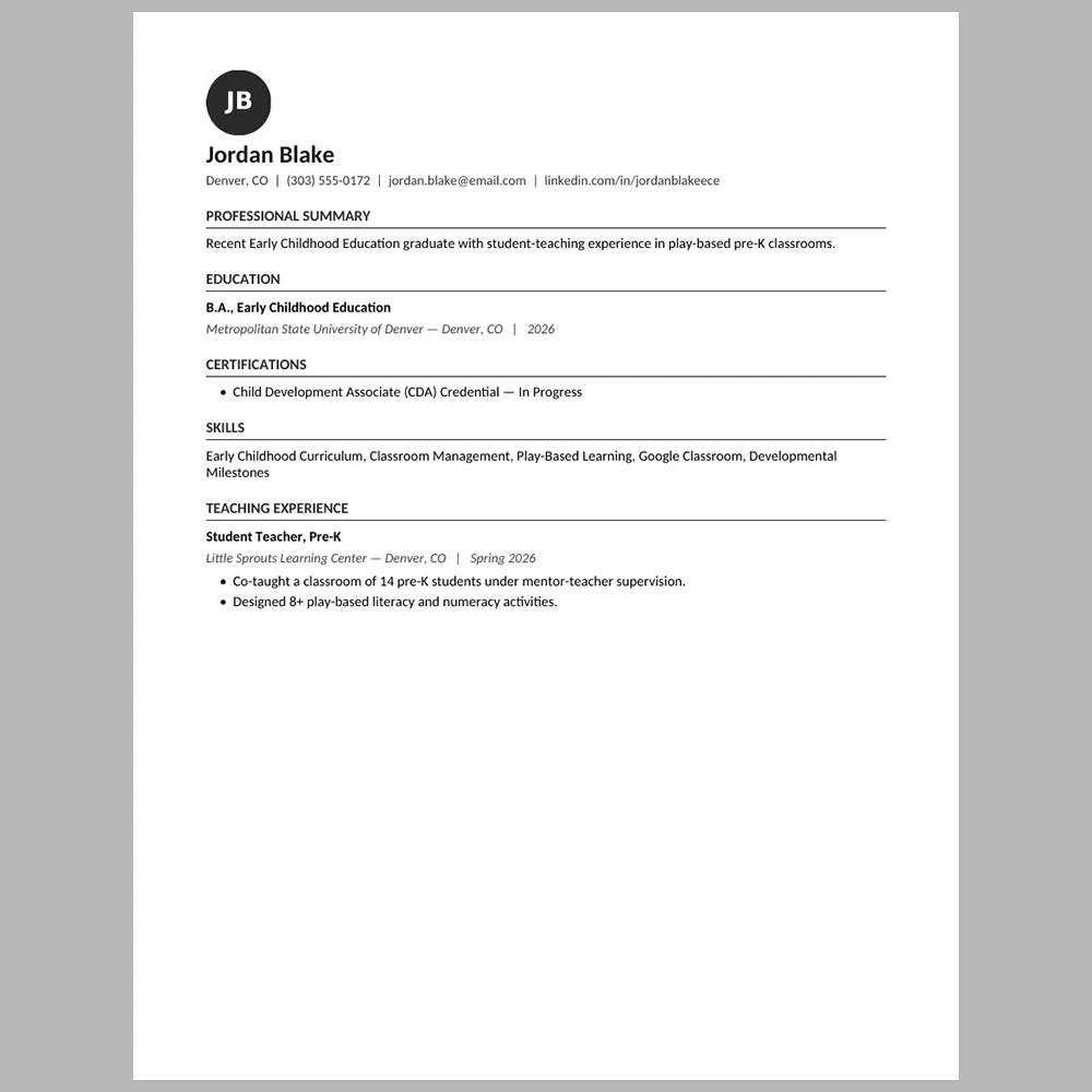 New Graduate Preschool Teacher Resume Template | ATS-Friendly Word & PDF Resume