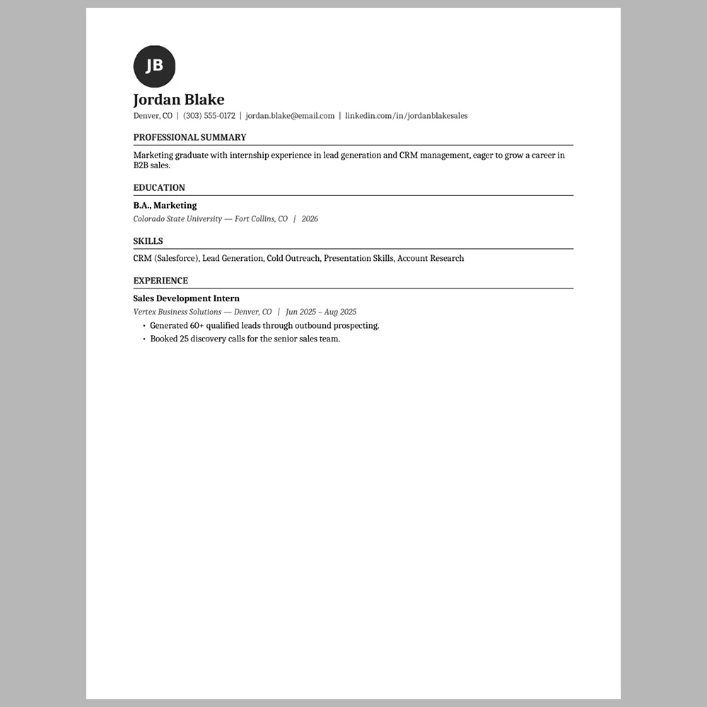 New Graduate Sales Representative Resume Template | ATS-Friendly Word & PDF Resume