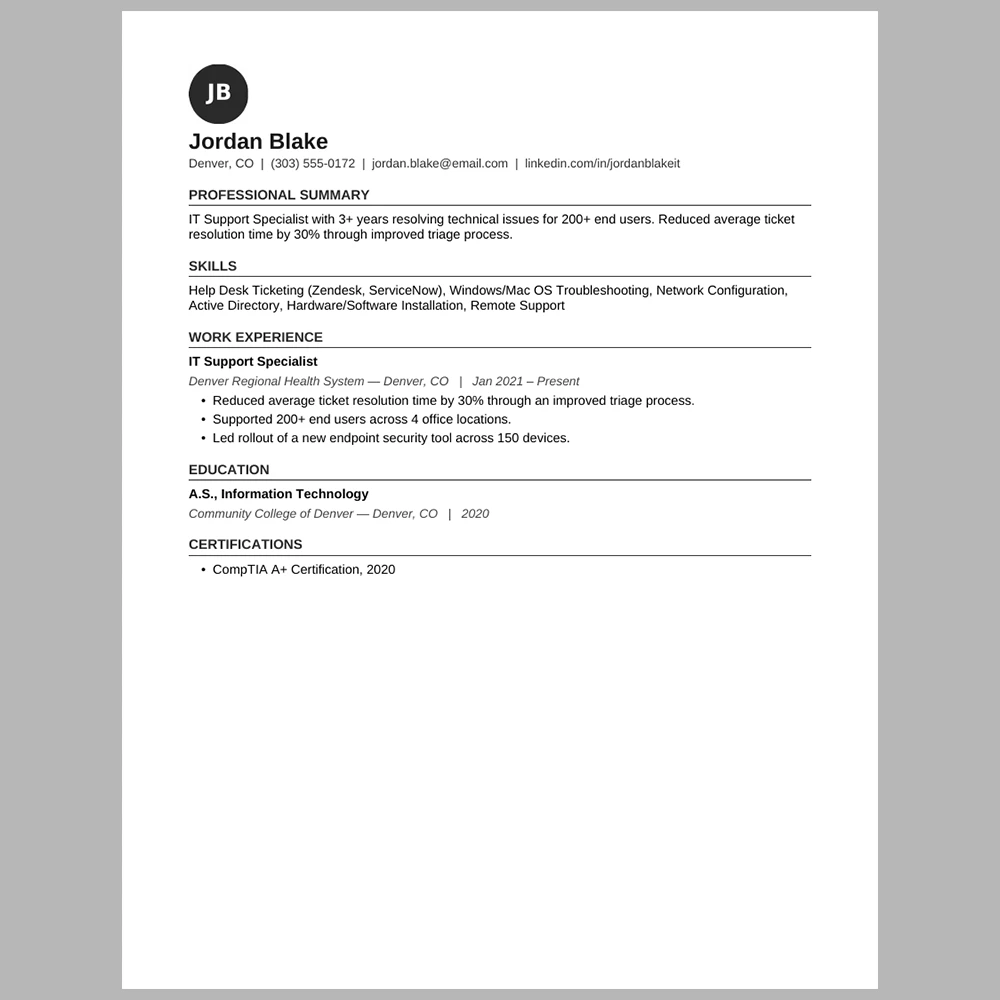 Experienced IT Support Specialist Resume Template | ATS-Friendly Word & PDF Resume