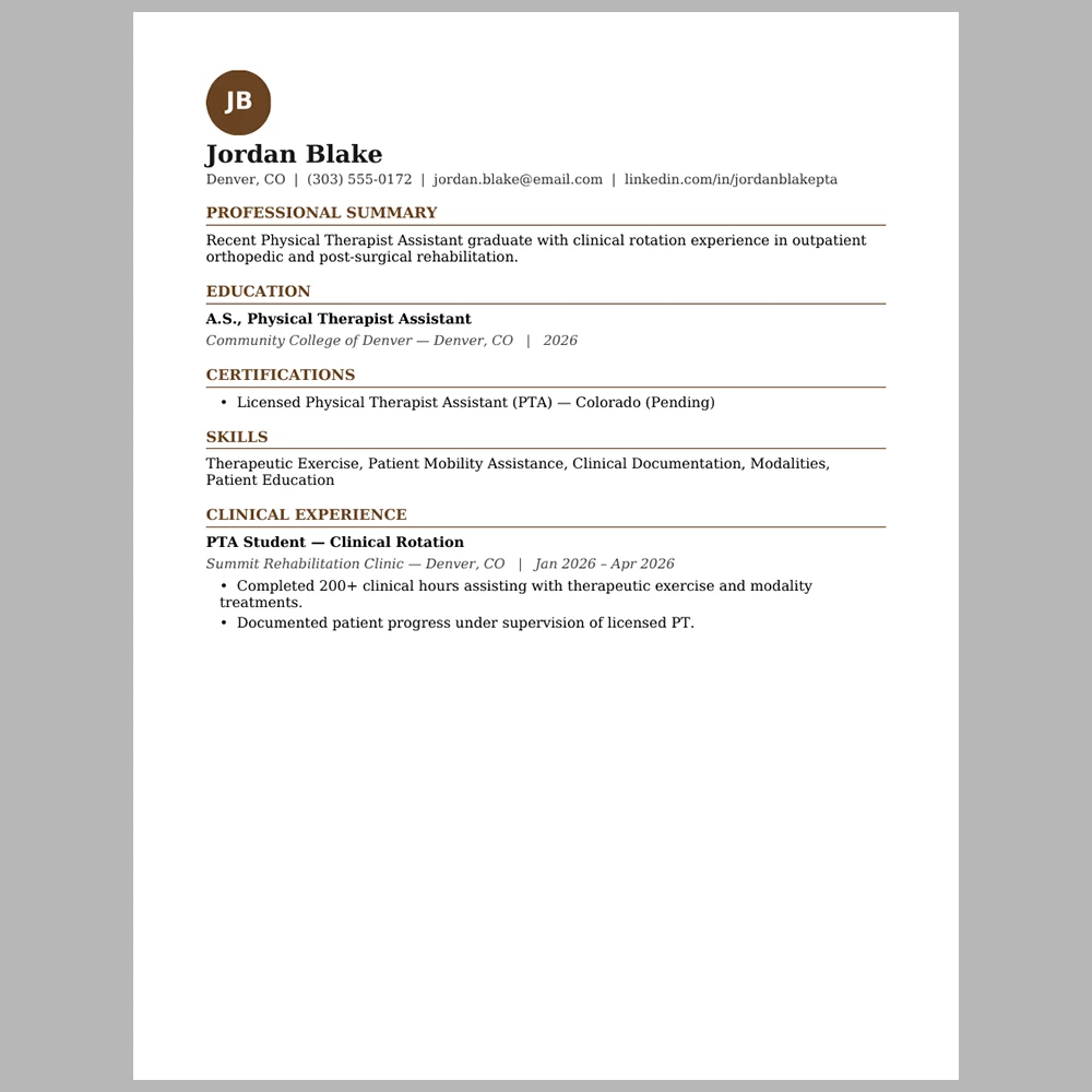 New Graduate Physical Therapist Assistant Resume Template | ATS-Friendly Word & PDF Resume
