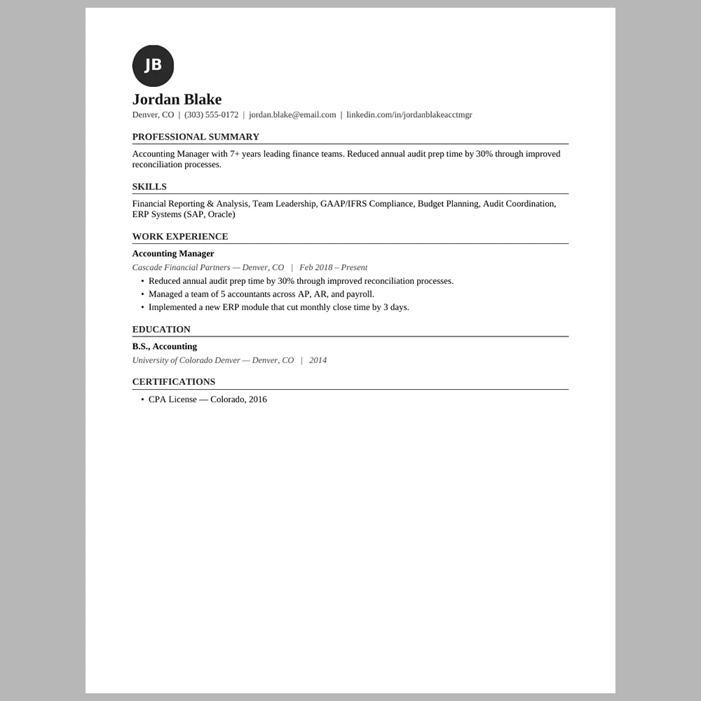 Experienced Accounting Manager Resume Template | ATS-Friendly Word & PDF Resume