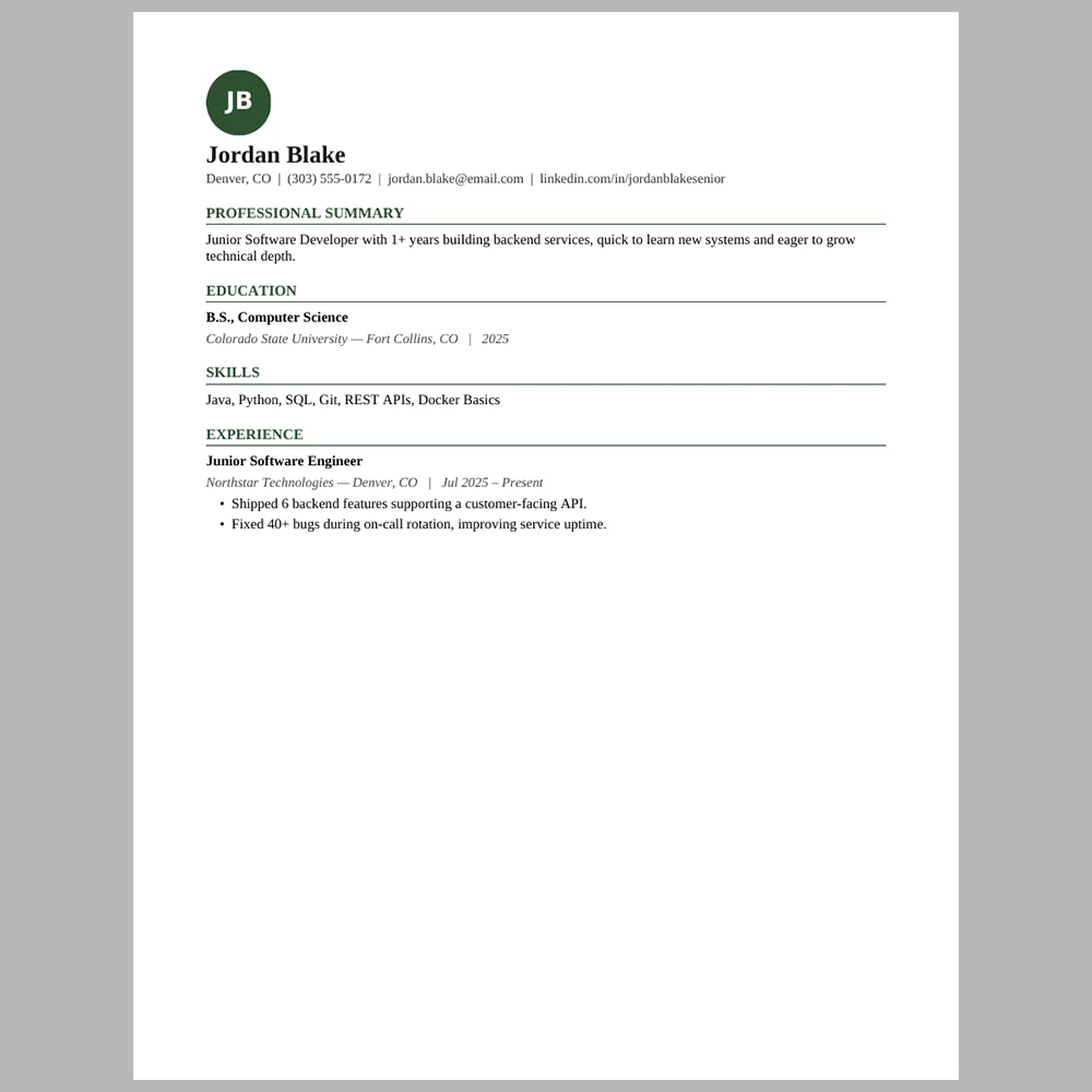 Junior Software Developer – Dense Single Column Resume Template | ATS-Friendly Word & PDF Resume