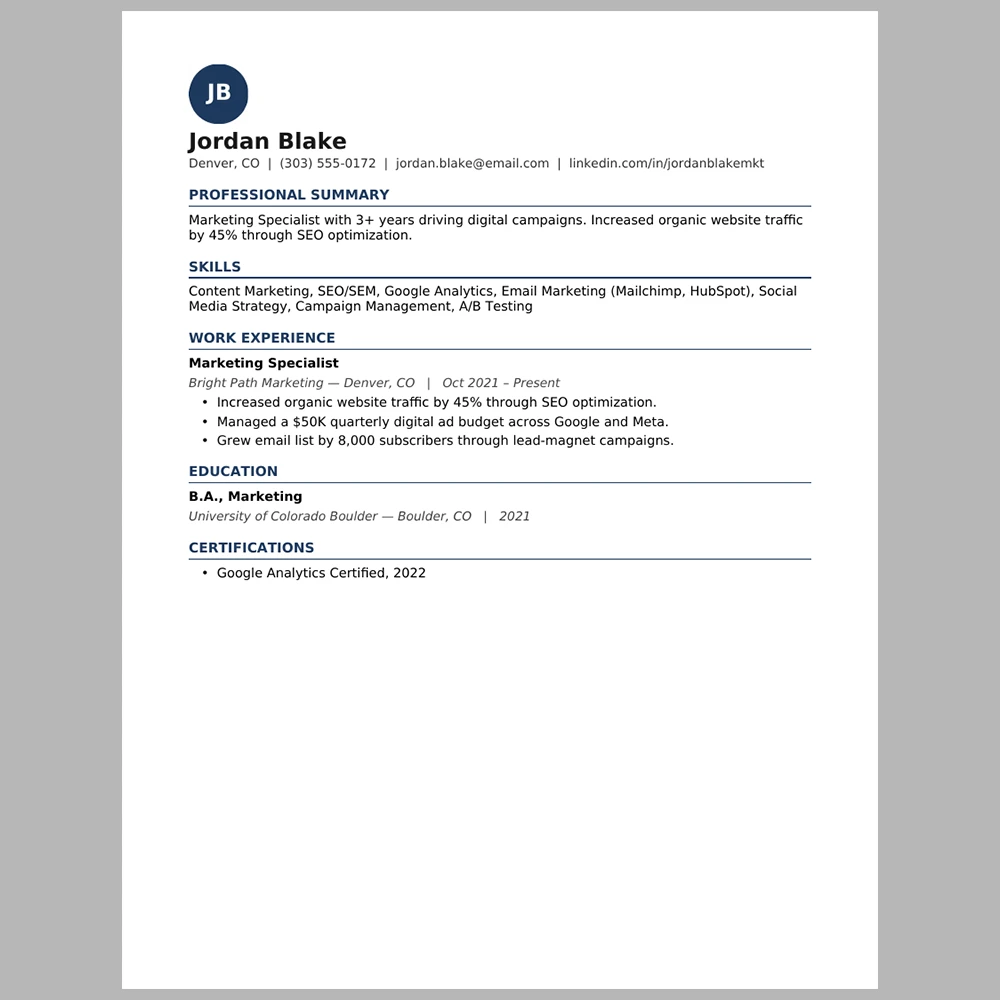 Experienced Marketing Specialist Resume Template | ATS-Friendly Word & PDF Resume