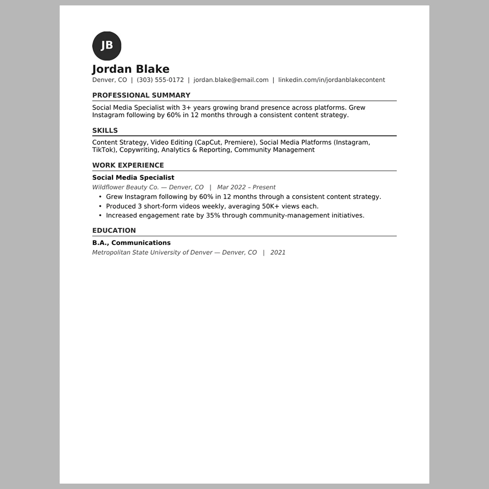 Experienced Content & Social Media Specialist Resume Template | ATS-Friendly Word & PDF Resume