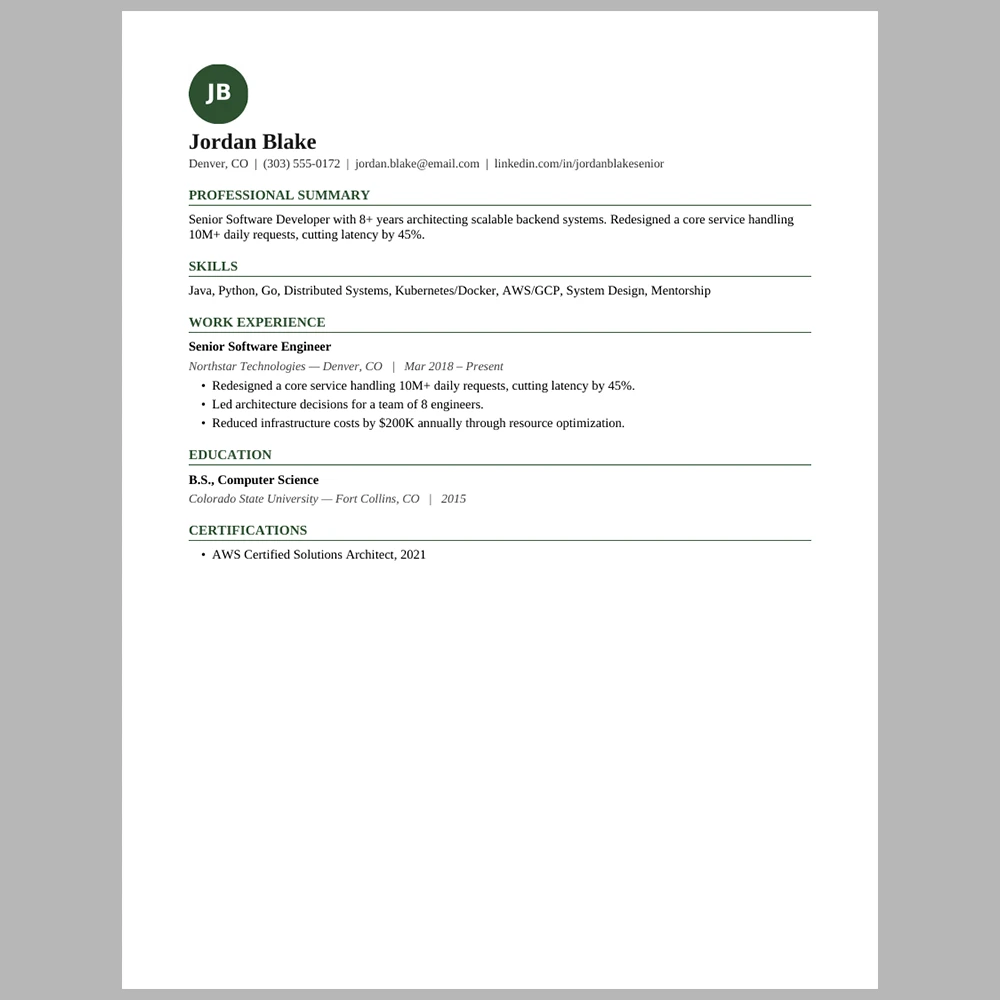 Senior Software Developer – Dense Single Column Resume Template | ATS-Friendly Word & PDF Resume