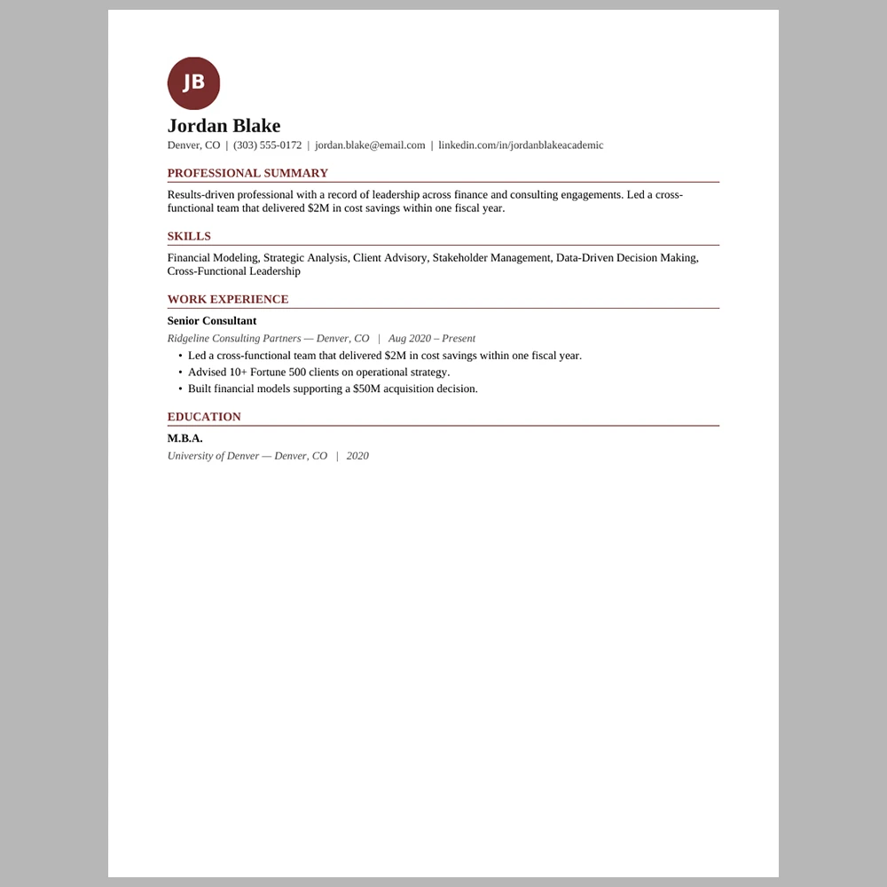Traditional Business Format Resume Template | ATS-Friendly One-Page Resume | Word & PDF