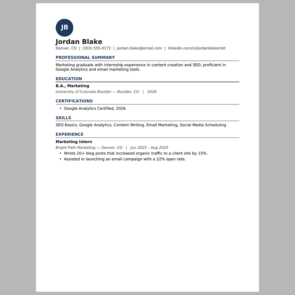 New Graduate Marketing Specialist Resume Template | ATS-Friendly Word & PDF Resume