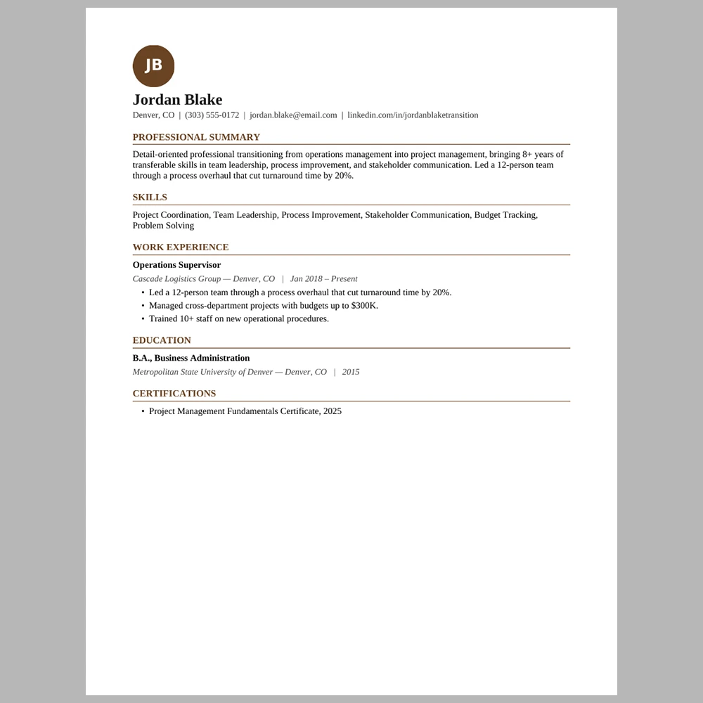Experienced Career Changer Resume Template | ATS-Friendly Word & PDF Resume