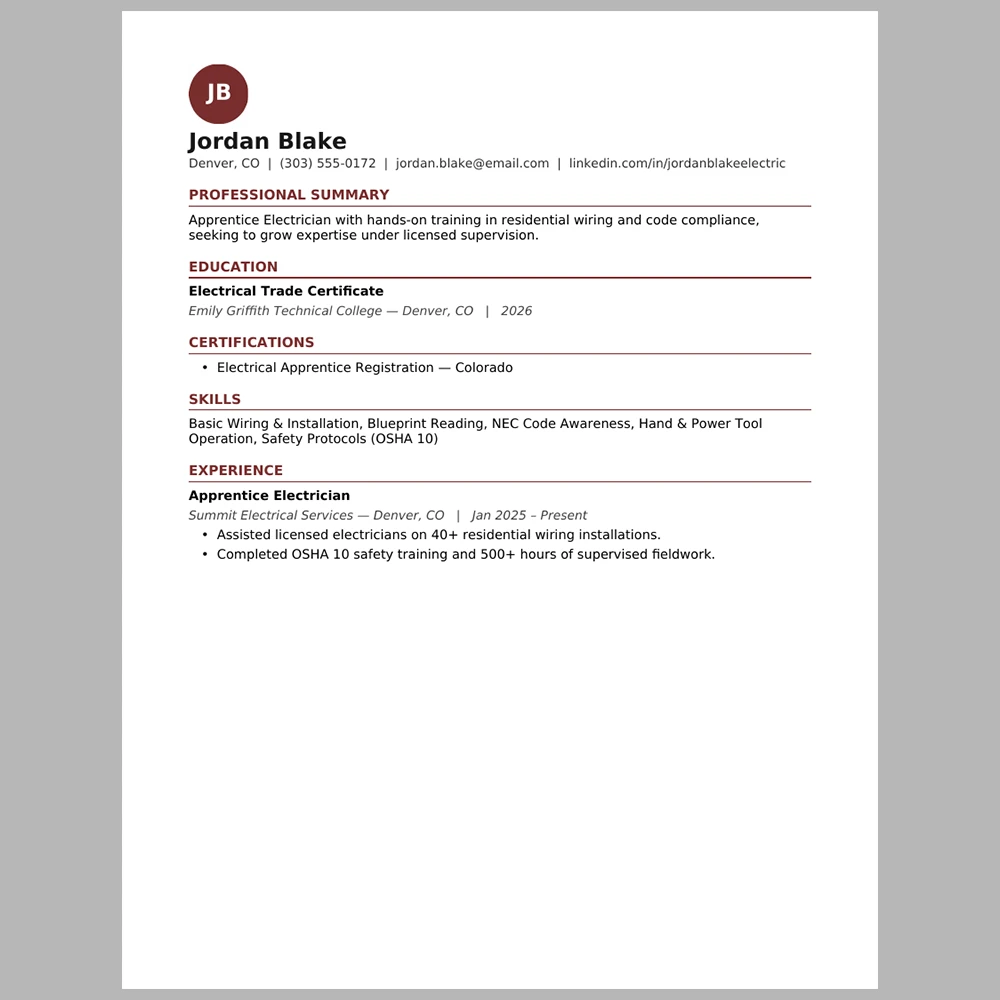 Entry-Level Electrician Resume Template | ATS-Friendly Word & PDF Resume