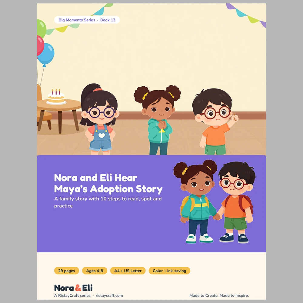 Adoption Family Story Social Narrative for Kids | 29-Page Printable Big Moment Story Ages 4–8 | Birth Parents Family Day Activities