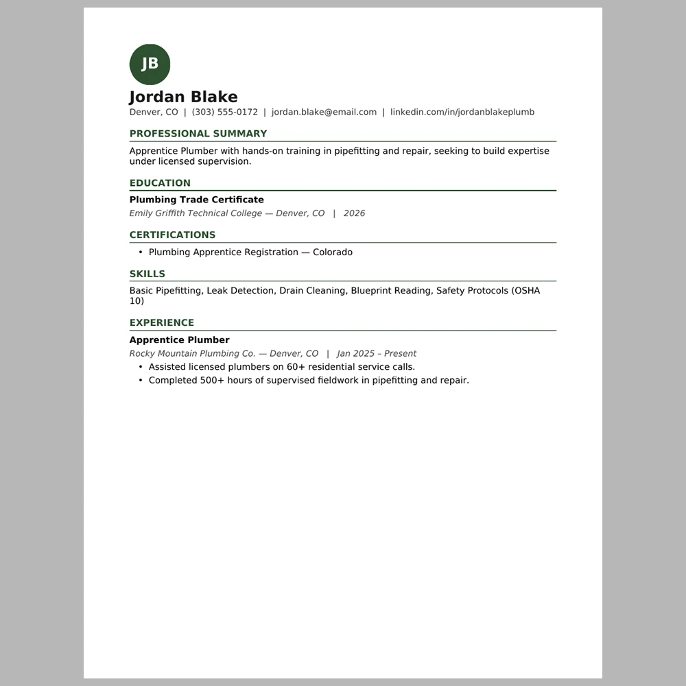 Entry-Level Plumber Resume Template | ATS-Friendly Word & PDF Resume