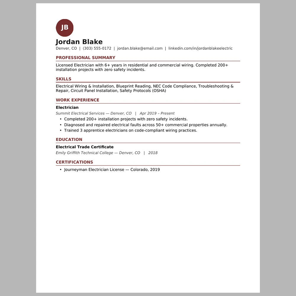 Master Electrician Resume Template | ATS-Friendly Word & PDF Resume