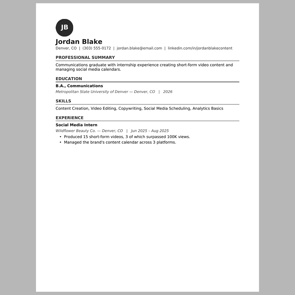 New Graduate Content & Social Media Specialist Resume Template | ATS-Friendly Word & PDF Resume