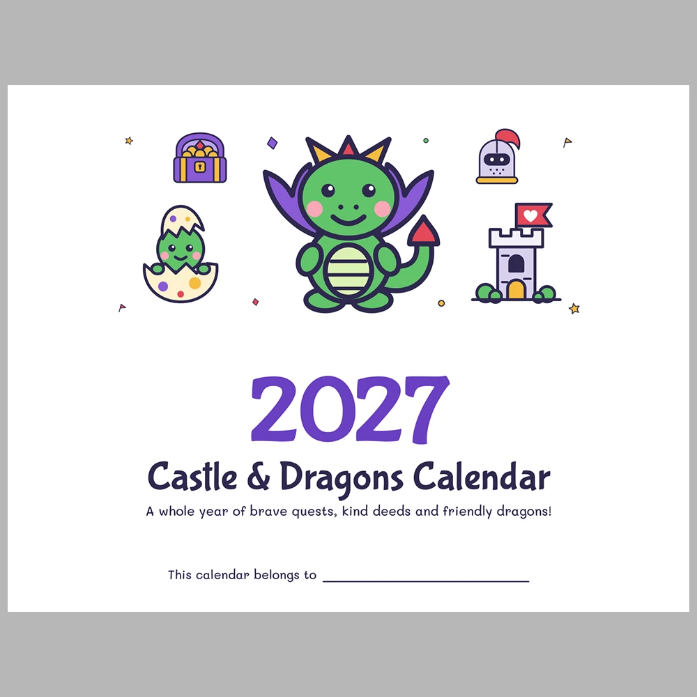 2027 Kids Calendar Printable | Castle & Dragons Monthly Calendar with Activities | Sunday & Monday Start | Letter A4 Desk Pad PDF