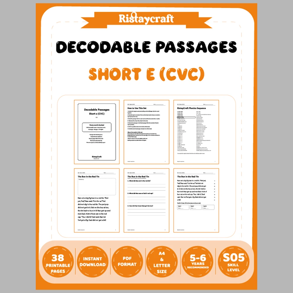 Short e (CVC) Decodable Readers | 8 Stories 38 Pages | Phonics Printable PDF | Ages 5-6