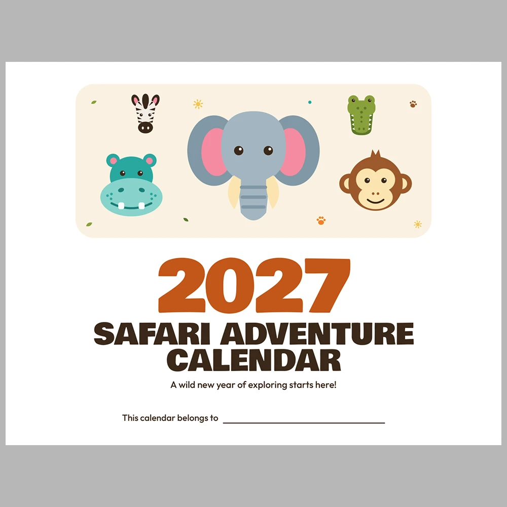 2027 Kids Calendar Printable | Safari Adventure Monthly Calendar with Activities | Sunday & Monday Start | Letter A4 Desk Pad PDF