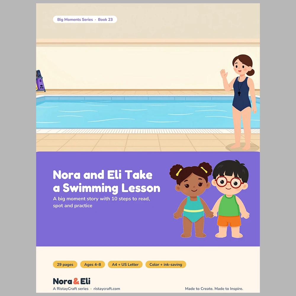 First Swimming Lesson Social Narrative for Kids | 29-Page Printable Big Moment Story Ages 4–8 | Swim Class Pool Story Activities