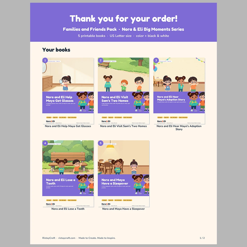 5 Social Narrative Books Bundle for Kids | Families and Friends Pack Ages 4–8 | Printable Big Moment Stories Activities