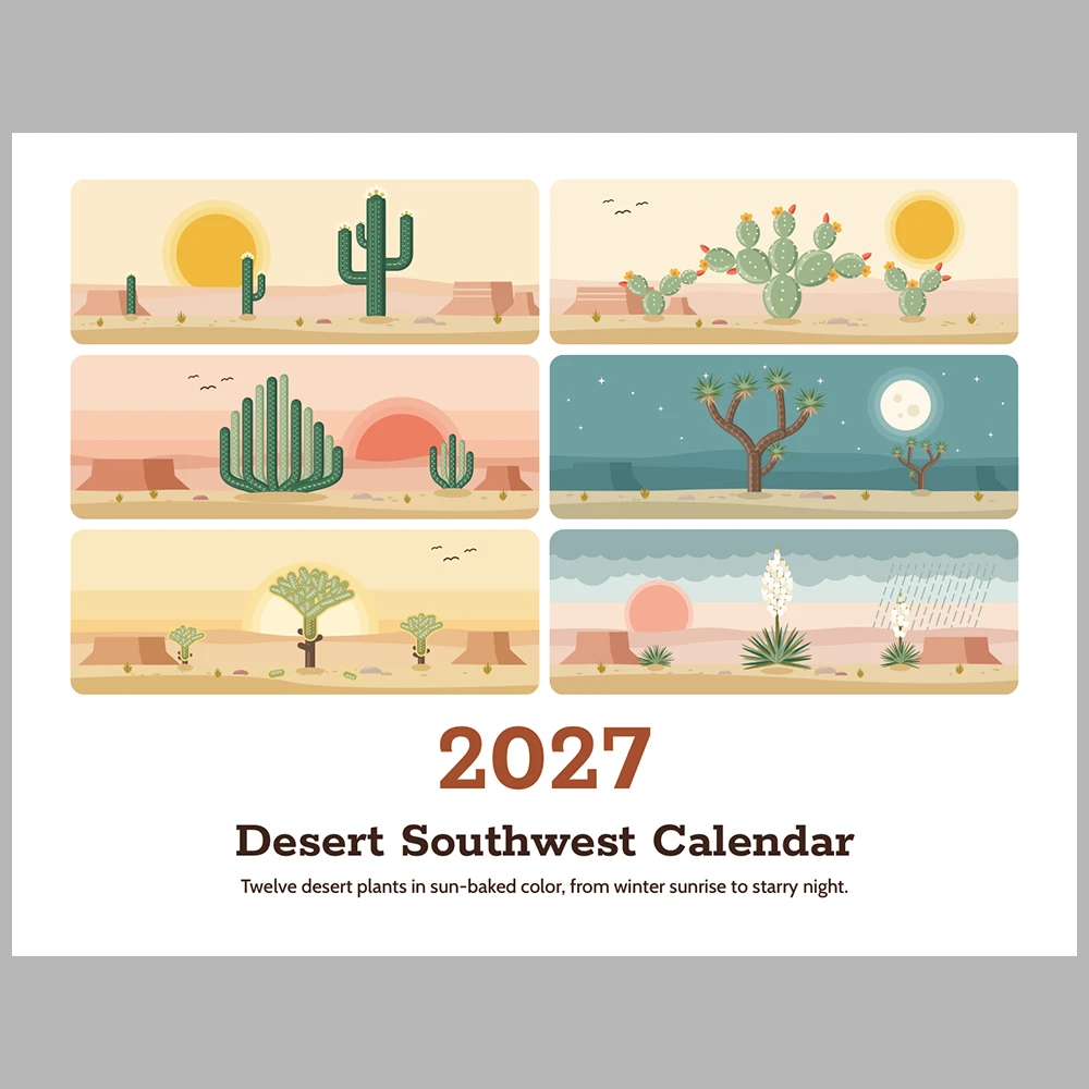 2027 Desert Southwest Calendar Printable | Cactus Desert Art Monthly Wall Calendar | Sunday & Monday Start | Letter A4 Desk Pad PDF