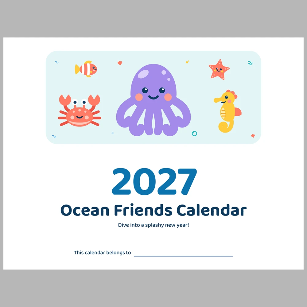2027 Kids Calendar Printable | Ocean Friends Monthly Calendar with Activities | Sunday & Monday Start | Letter A4 Desk Pad PDF