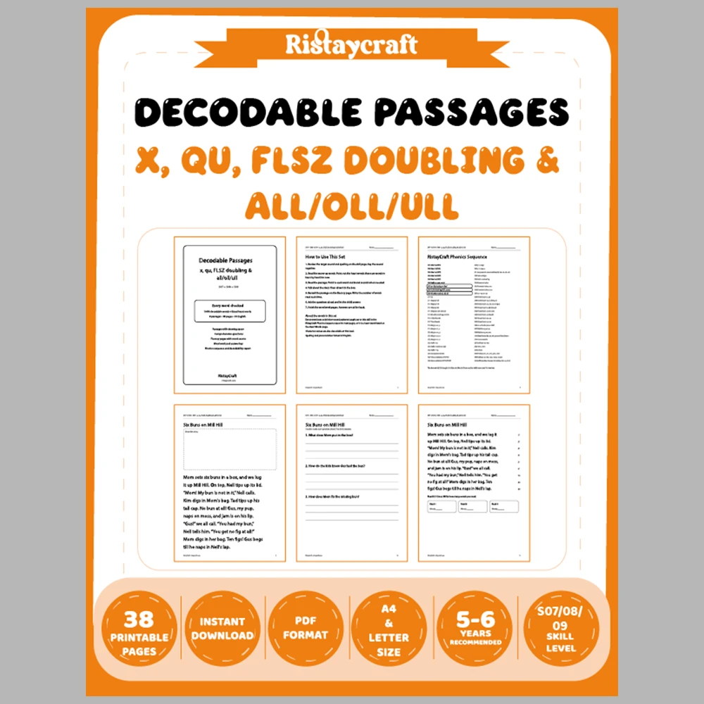x, qu, FLSZ doubling & all/oll/ull Decodable Readers | 8 Stories 38 Pages | Phonics Printable PDF | Ages 5-6