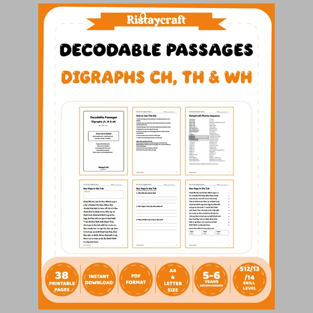 Digraphs ch, th & wh Decodable Readers | 8 Stories 38 Pages | Phonics Printable PDF | Ages 5-6