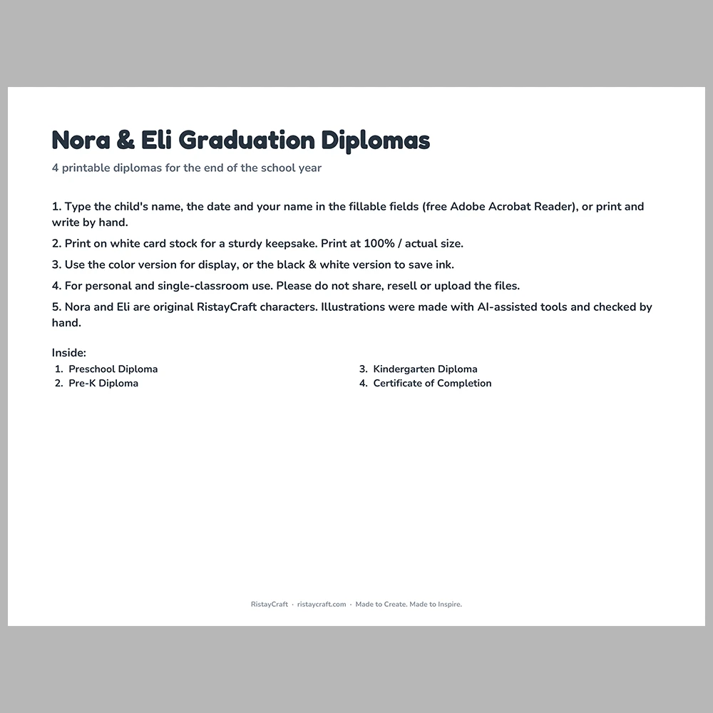 Preschool & Kindergarten Graduation Diploma Printable | Editable Pre-K Diploma Certificate | End of Year Award | Nora & Eli PDF