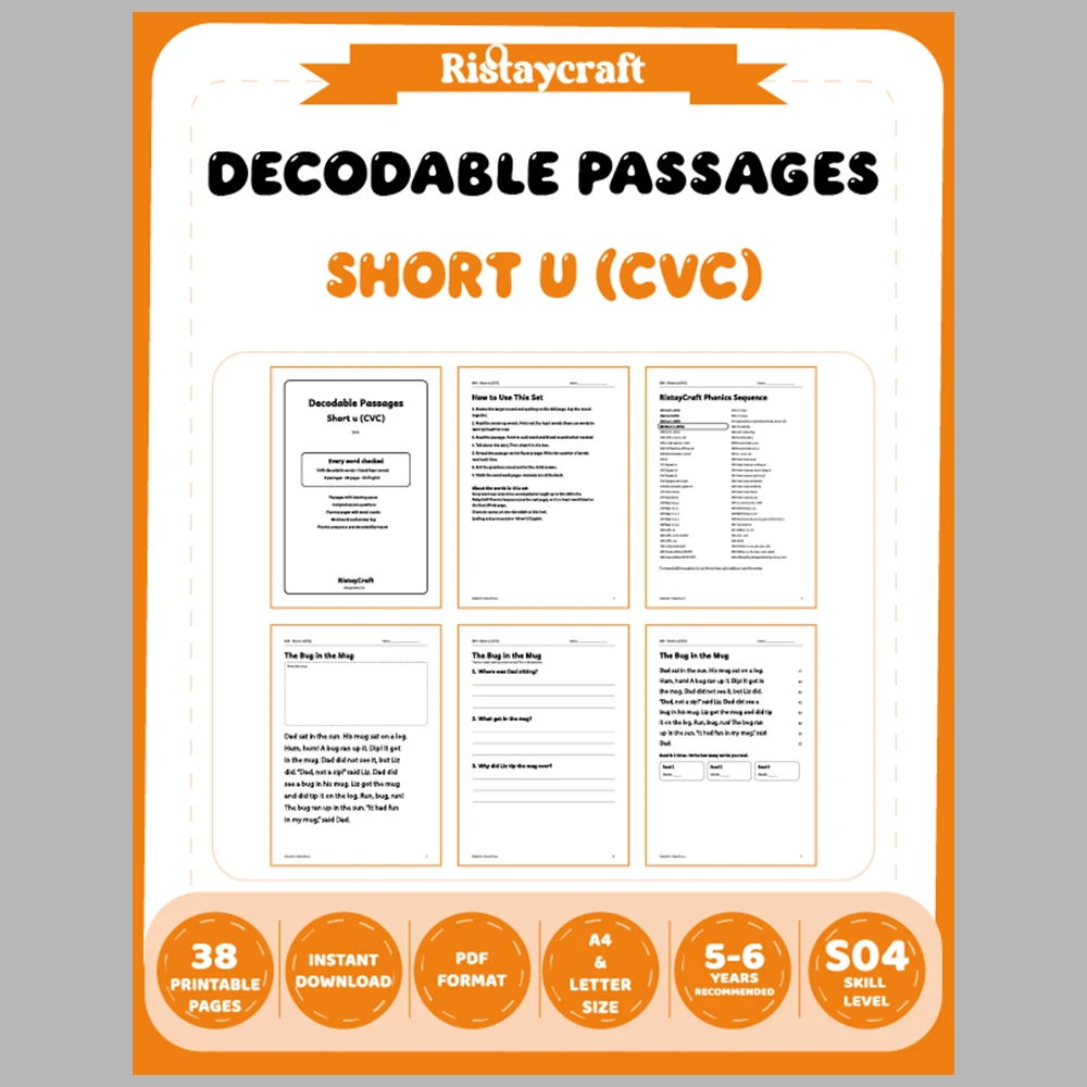 Short u (CVC) Decodable Readers | 8 Stories 38 Pages | Phonics Printable PDF | Ages 5-6