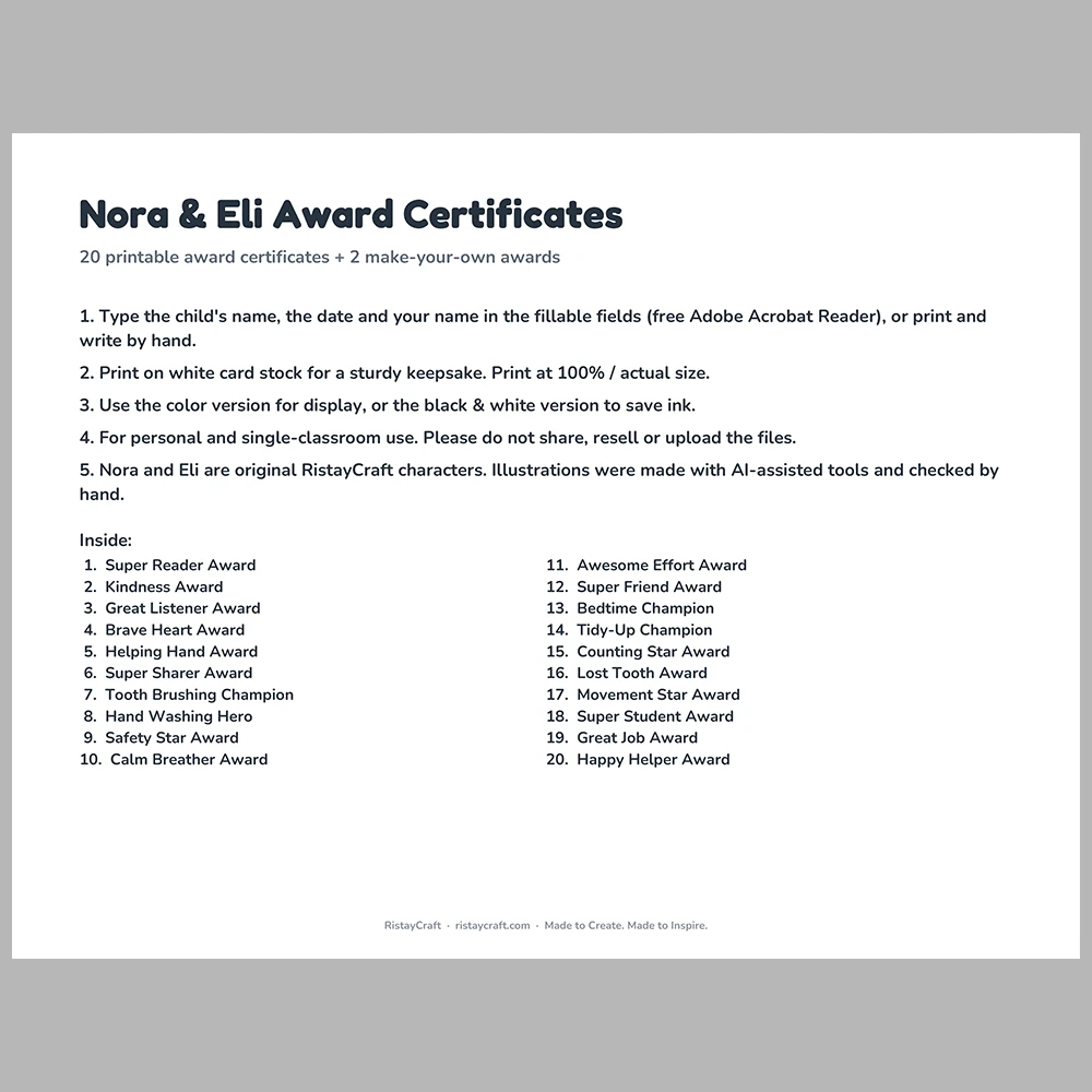 Kids Award Certificates Printable | 22 Student Certificates, Fillable Name | Classroom Rewards & Behavior Awards | Nora & Eli PDF