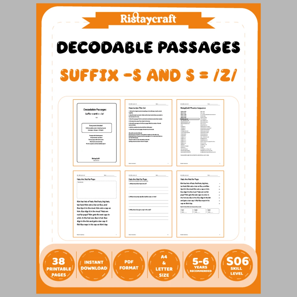 Suffix -s and s = /z/ Decodable Readers | 8 Stories 38 Pages | Phonics Printable PDF | Ages 5-6