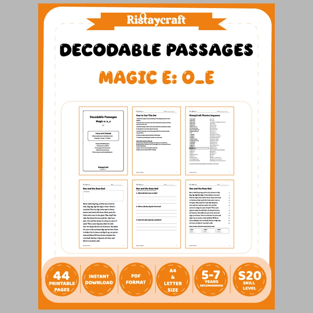 Magic e: o_e Decodable Readers | 10 Stories 44 Pages | Phonics Printable PDF | Ages 5-7