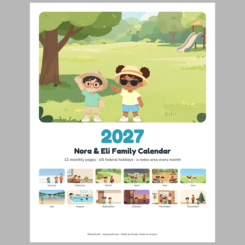 2027 Printable Calendar for Kids | Nora & Eli Monthly Wall Calendar with US Holidays | Family Planner Letter A4 PDF