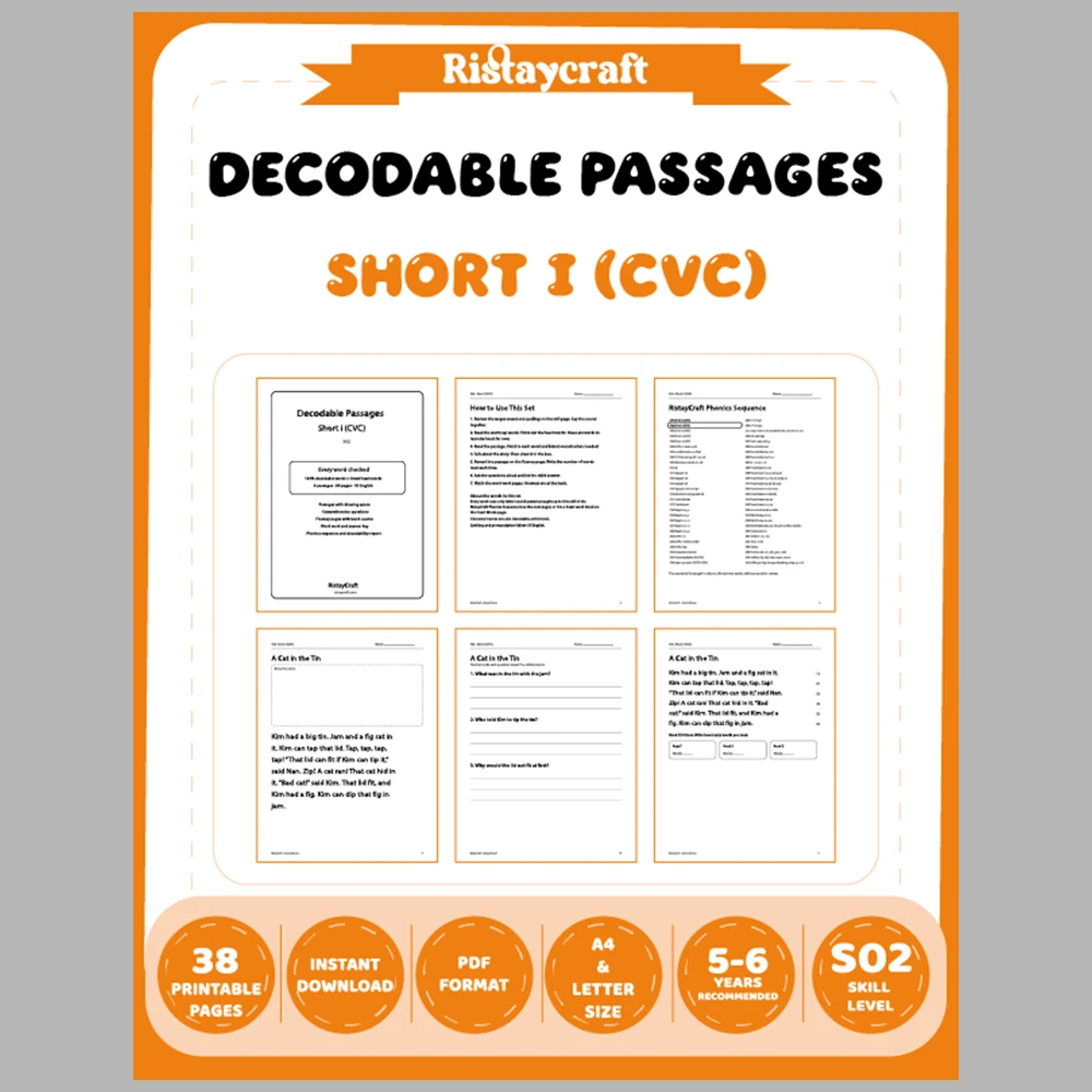 Short i (CVC) Decodable Readers | 8 Stories 38 Pages | Phonics Printable PDF | Ages 5-6