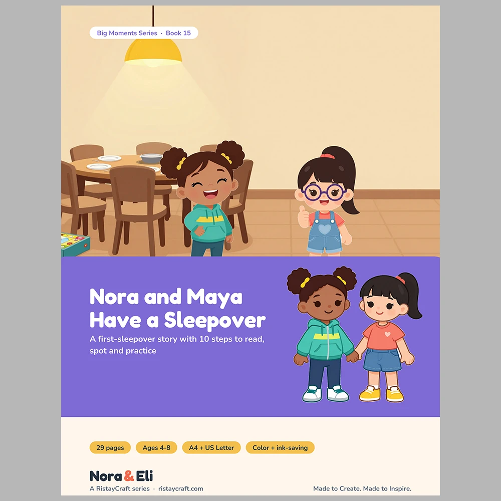 First Sleepover Social Narrative for Kids | 29-Page Printable Big Moment Story Ages 4–8 | Packing Bedtime Homesick Activities