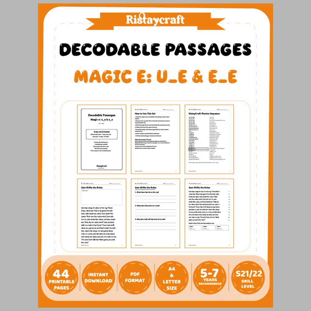 Magic e: u_e & e_e Decodable Readers | 10 Stories 44 Pages | Phonics Printable PDF | Ages 5-7