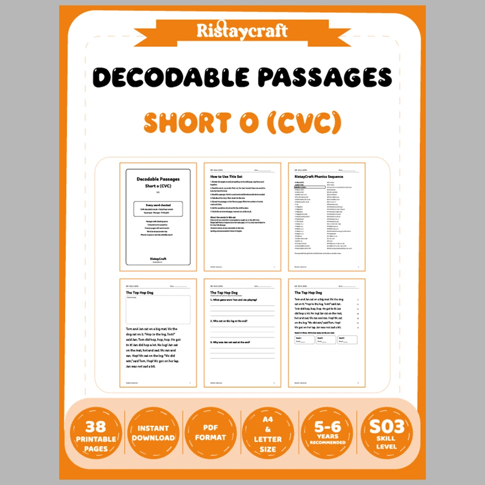 Short o (CVC) Decodable Readers | 8 Stories 38 Pages | Phonics Printable PDF | Ages 5-6