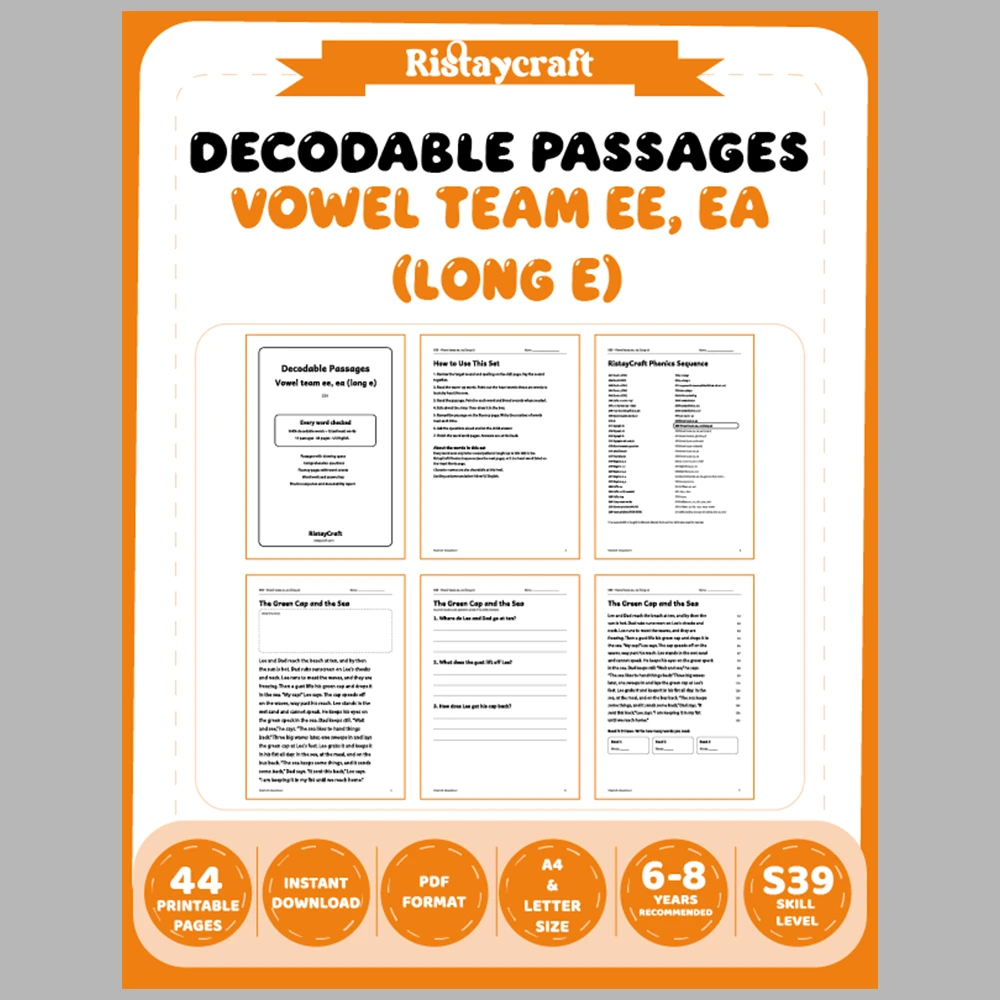Vowel team ee, ea (long e) Decodable Readers | 10 Stories 44 Pages | Phonics Printable PDF | Ages 6-8