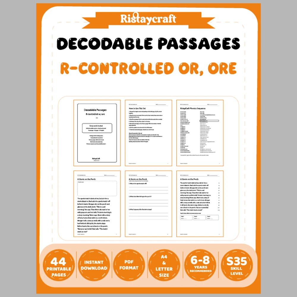 R-controlled or, ore Decodable Readers | 10 Stories 44 Pages | Phonics Printable PDF | Ages 6-8