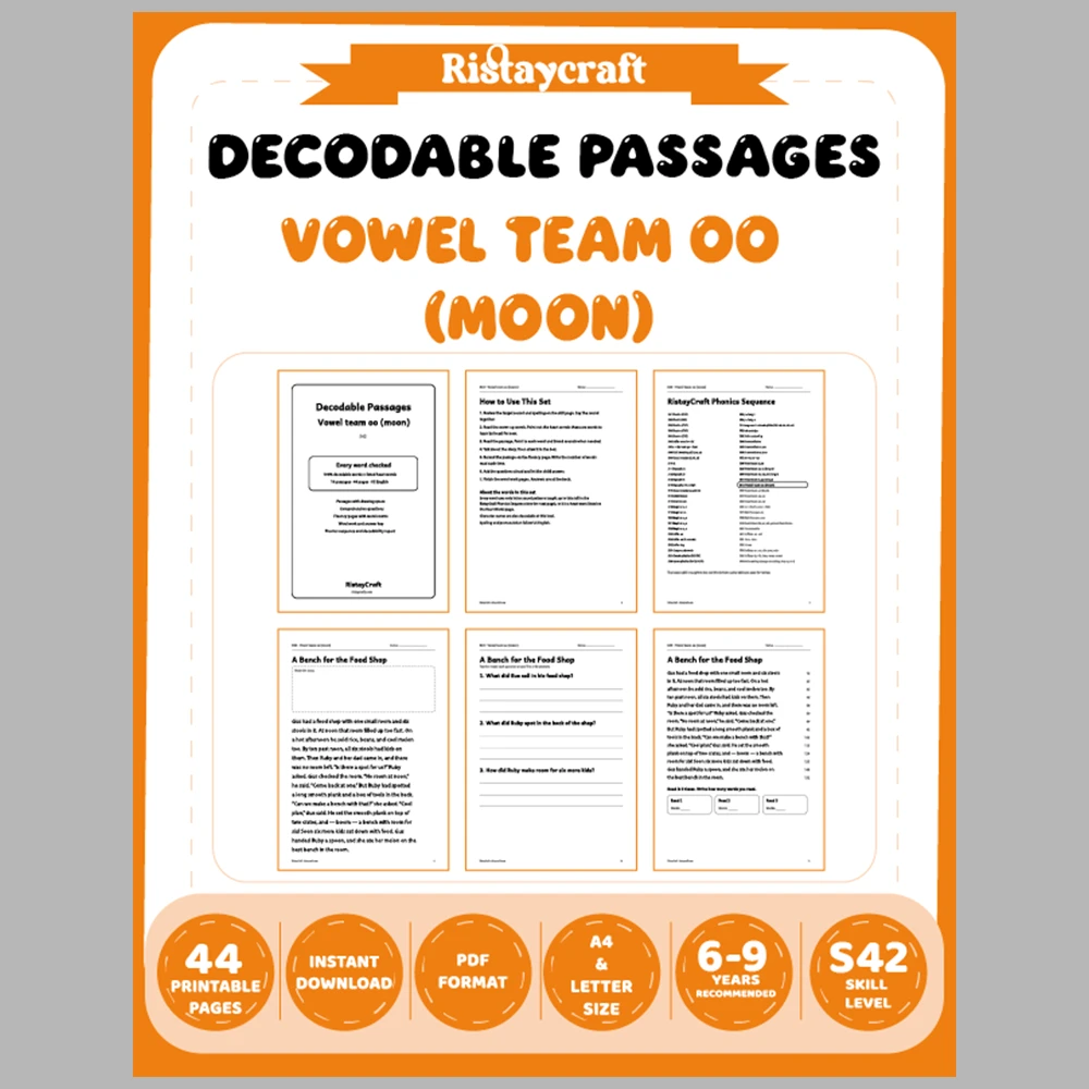 Vowel team oo (moon) Decodable Readers | 10 Stories 44 Pages | Phonics Printable PDF | Ages 6-9